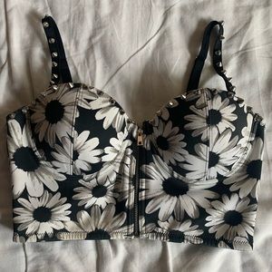 Floral Print Front-Zip Stud Crop Top/Bralette size